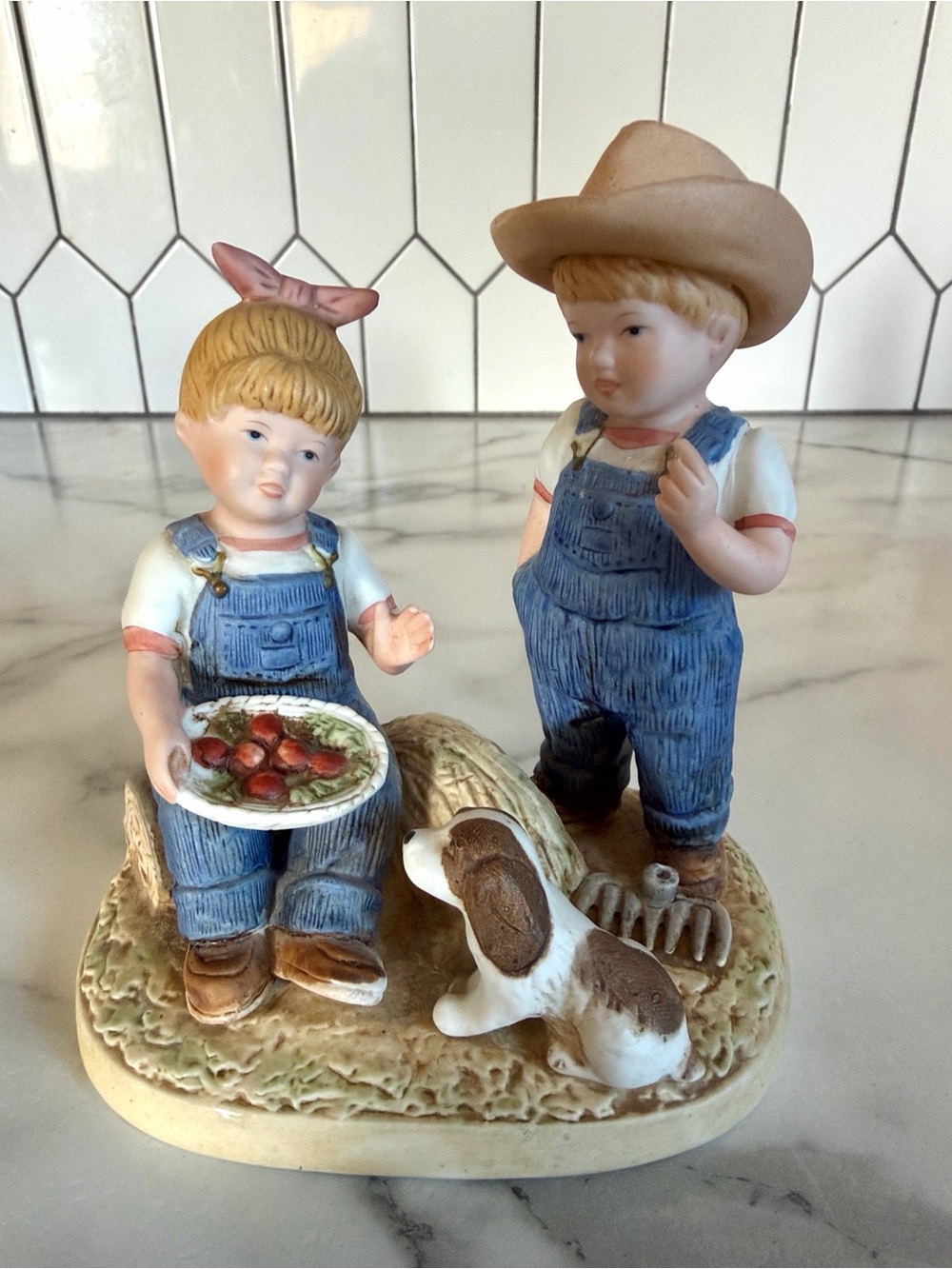 Vintage 1985 Homco Denim Days #1507 Boy & Girl with Puppy